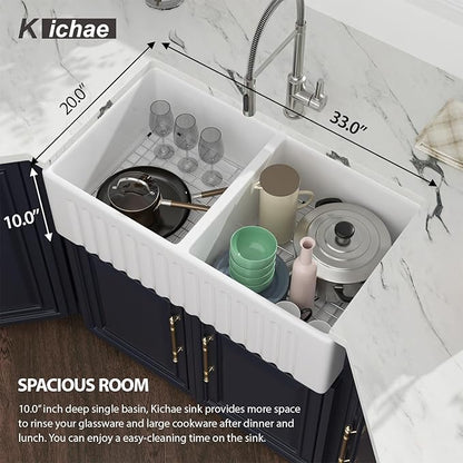 33 Double Bowl Farmhouse Sink - Kichae 33X20 Inch Kitchen Sink Reversible Apron Front Fireclay Ceramic Porcelain White Double Basin 50/50 Kitchen Sink