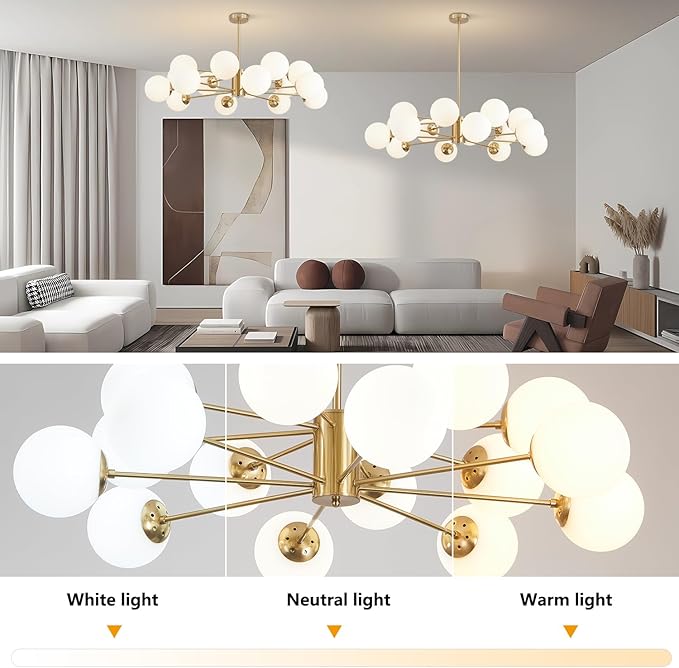 BOKT Gold Sputnik Chandelier 16-Light Globe Pendant Light Modern Ceiling Light Fixture Brushed Brass Chandelier Milk Glass Ball Large Pendant Lighting for Dining Room Kitchen Island Living Room
