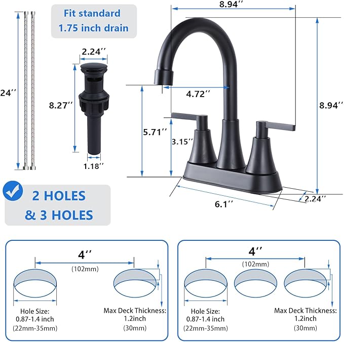 VCCUCINE Bathroom Faucet Matte Black 2 Handle,4-Inch Centerset Bathroom Sink Faucet with pop-up Drainer and 2 Water Supply Hoses, 360°Swivel Spout Bath Rv Lavatory Vanity,2 Pack,VC-MC-010B-2
