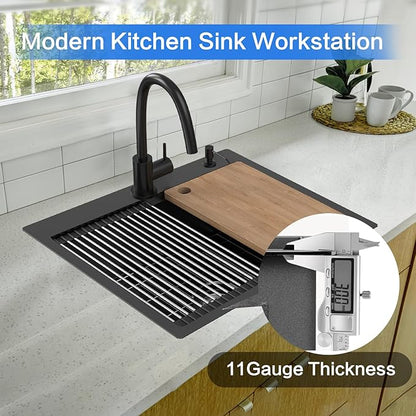 Black Kitchen Sink Workstation, 25x22 Inch Stainless Steel Drop In Modern Large Single Bowl Workstation Sink Accessory Combo-SS Grid,Drying Rack,Cutting Board,Soap Dispenser, Drain Strainer Set