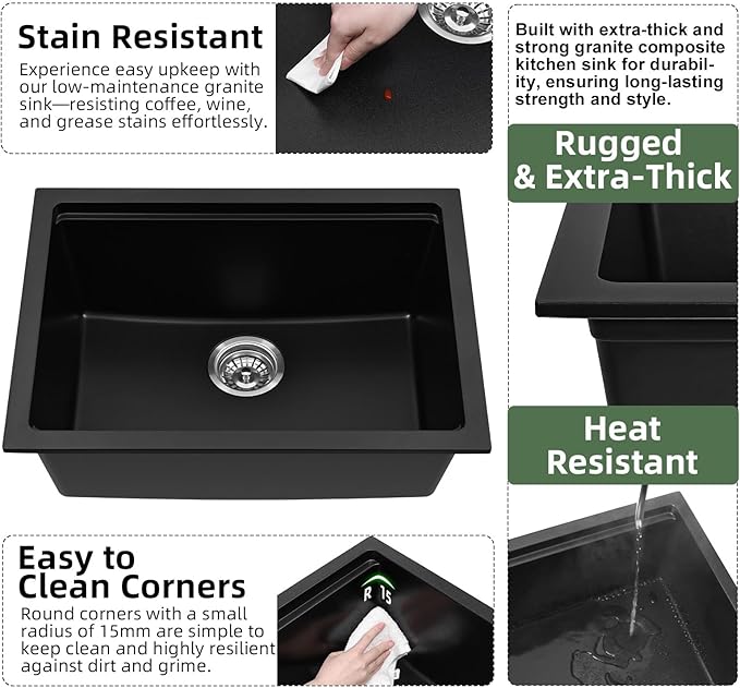 Davivy 24 Inch Black Granite Composite Kitchen Sink Workstation, 24 x 18 Black Undermount/Drop In Kitchen Sink, Deep Quartz Single Bowl with Accessories
