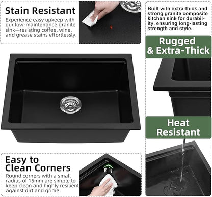 Davivy 24 Inch Black Granite Composite Kitchen Sink Workstation, 24 x 18 Black Undermount/Drop In Kitchen Sink, Deep Quartz Single Bowl with Accessories