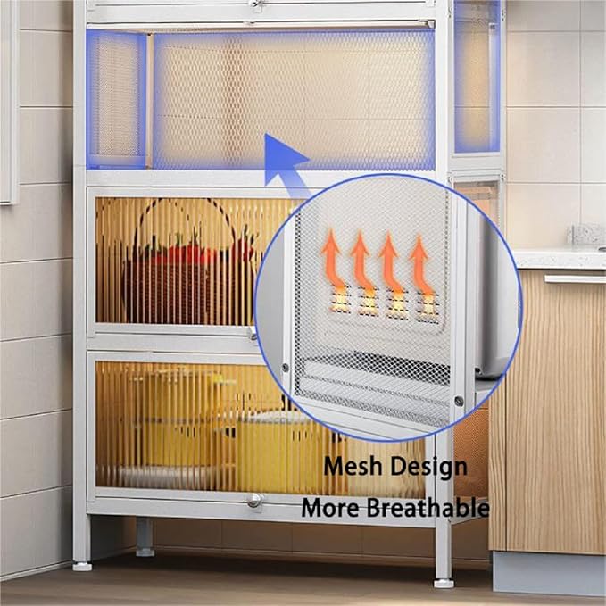 Gdrasuya10 White Kitchen Pantry Storage Buffet Cabinet, 3 Tier Metal Pantry Cabinet with Folding Doors Freestanding Kitchen Storage Cabinet Suitable for Kitchen (43'' H)