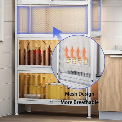 Gdrasuya10 White Kitchen Pantry Storage Buffet Cabinet, 3 Tier Metal Pantry Cabinet with Folding Doors Freestanding Kitchen Storage Cabinet Suitable for Kitchen (43'' H)
