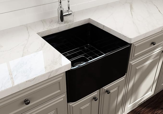 BOCCHI Classico Farmhouse Apron Front Fireclay 20 in. Single Bowl Kitchen Sink with Protective Bottom Grid and Strainer in Black