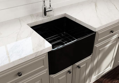 BOCCHI Classico Farmhouse Apron Front Fireclay 20 in. Single Bowl Kitchen Sink with Protective Bottom Grid and Strainer in Black