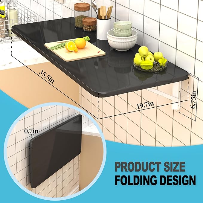 Wall Mounted Folding Table for Laundry Room Piano Baking Paint Waterproof, Wall Mount Table Fold Down Multi Size, Foldable Desk for Kitchens、Handicraft Production、Bars、Sewing Station（Black）