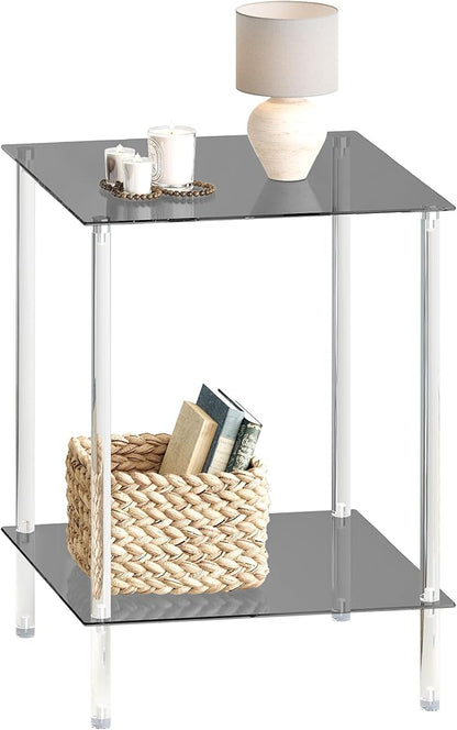 Tempered Glass Side Table, Acrylic End Table, 2-Tier Transparent Nightstand, Clear Coffee Table, for Small Spaces Living Room Bedroom Balcony Black LET518BK