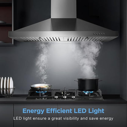 Range Hood 30 inch, Wall Mount Vent Hood in Stainless Steel, Ducted/Ductless Convertible Duct, Kitchen Hood w/Baffle Filters, 3 Speed Fan, Energy Saving LED Light, Push Button Control