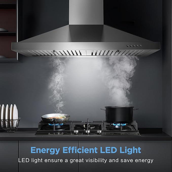 24 Inch Range Hood, Wall Mount Vent Hood in Stainless Steel with Ducted/Ductless Convertible Duct, 3 Speed Exhaust Fan, Energy Saving LED Light, Push Button Control, 2 Pcs Baffle Filters
