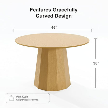 Casaphoria 46" Round Dining Table, Modern Wood Kitchen Table with Cone Shaped Strip Polygonal Base for Living Room & Dining Room, Easy Assembly Farmhouse Furniture for 4-6, Oak