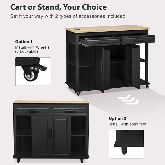 Kitchen Island with Extendable Dining Table 2 Drawers and 2 Cabinets Internal Storage Rack and Built-in Power Outlet with Wheels Practical(Black)