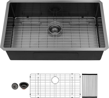 Black Undermount Kitchen Sink 33 Inch - Couoko 33x19 Gunmetal Black 16 Gauge Stainless Steel Single Bowl Undermount Sinks NANO PVD Large Deep Handmade Round Corner Sinks Basin 33"x19"x9"