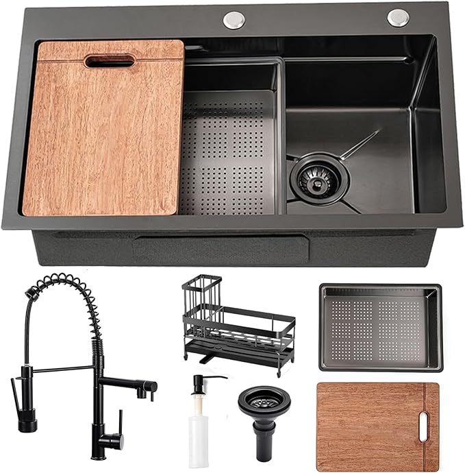 Gunmetal Black Kitchen Sink 30 Inch Modern Stainless Steel Drop in kitchen Sink Workstation Scratch Resistant Single Bowl Kitchen Sinks Farmhouse Deep with Faucet Combo