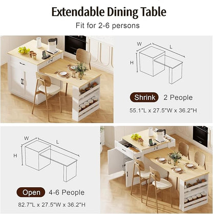 82.7"-56" Kitchen Island with Extendable Dining Table, Faux Mable Kitchen Cart with Power Outlet, Double-Sized Storage, Rolling Kitchen Table with Storage 2 Drawers 2 Side Open Shelves, White