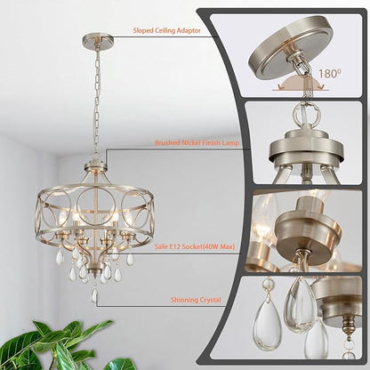 Crystal Chandeliers for Dining Room,17.7" Brushed Nickel 6 Lights Hanging Pendant Lighting Fixture Metal Farmhouse Chandelier for Kitchen Island Entryway Living Room