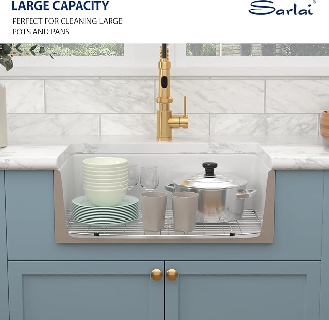 Sarlai 30 White Farmhouse Sink - 30 Inch Kitchen Sink Arch Edge Curved Apron Front Ceramic Porcelain Fireclay Single Bowl Farmer Sinks