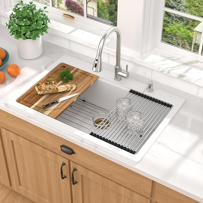 33 Inch Granite Composite Kitchen Sink - White Drop In Workstation All-In One Classic Quartz Single Bowl Kitchen Sink Basin, 2-Holes, 33x22, Top-Mount #TLGT-113