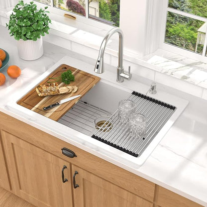 33 Inch Granite Composite Kitchen Sink - White Drop In Workstation All-In One Classic Quartz Single Bowl Kitchen Sink Basin, 2-Holes, 33x22, Top-Mount #TLGT-113