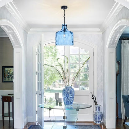 Farmhouse Pendant Light – Hand-Blown Blue Hammered Glass Shade, Black Finish, E26 Socket, Adjustable Chain Hanging Light Fixture for Kitchen Island, Dining Room & Hallway, 15" H x 12" D