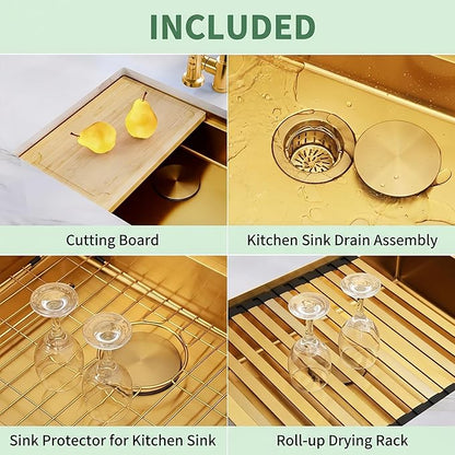 Gold Undermount Kitchen Sink, 16 Gauge T-304 Stainless Steel All In One Workstation Sinks With Full Set Accessories, 30" x 18" x 10" Large and Deep Handmade Single Bowl Kitchen Sinks