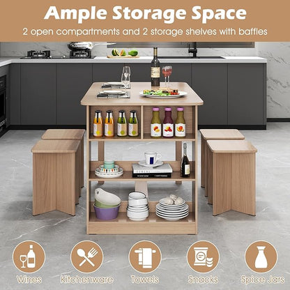 Dining Table Set for 4, Island Table for Kitchen with 3-Tier Shelves & 4 Stools, Wooden Kitchen & Dining Room Furniture, Dinette Set for Home, Restaurant, Bar, Bistro (Natural)