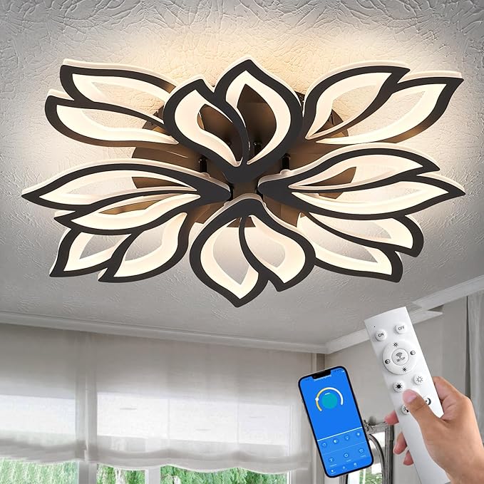 Modern LED Ceiling Light Fixture Dimmable, 28" Black Modern Flower Ceiling Light with Remote Control, Low Profile Flush Mount for Bedroom, Kitchen, Living Room