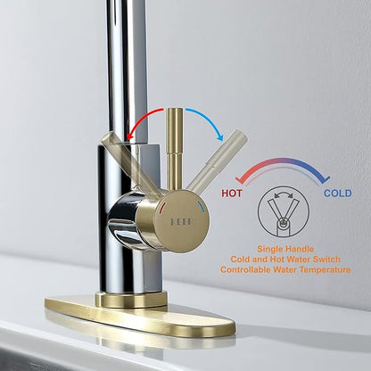 Keer Gold & Polished Chrome Single Handle Pull Down Kitchen Faucet with Soap Dispenser, 3 Modes Sprayer, Easy Assembly, Single Handle High Arc Stainless Steel Faucet