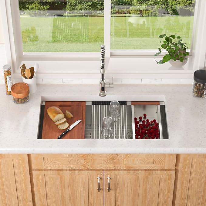 Lordear 36 Inch Undermount Kitchen Sink 50/50 Double Bowl Stainless Steel Kitchen Sinks Low Divided 16 Gauge Undermount Sink 36x19x10 Inch Handmade