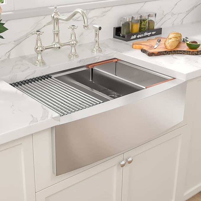 Sarlai 33 Farmhouse Sink Double Bowl - 33x22 Inch Farm Kitchen Sink Ledge Workstation Low Divide Two Basin 50/50 16 Gauge Stainless Steel Apron Front Farmer Sinks with Accessories