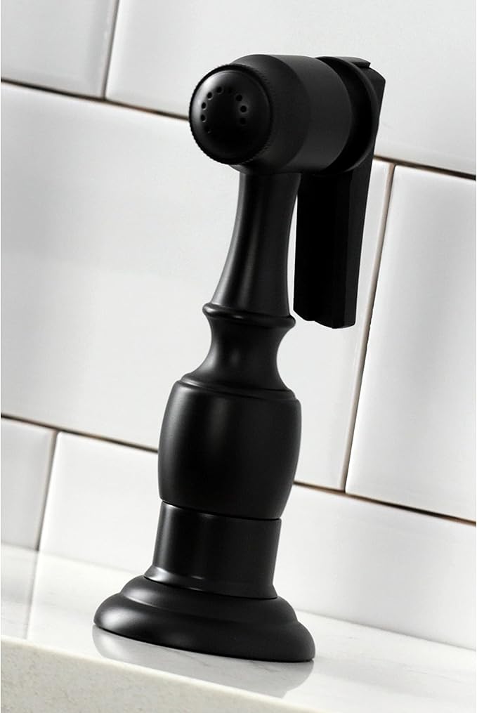 Kingston Brass KS1270TALBS Two-Handle 4-Hole Deck Mount Bridge Kitchen Faucet with Brass Sprayer in Matte Black