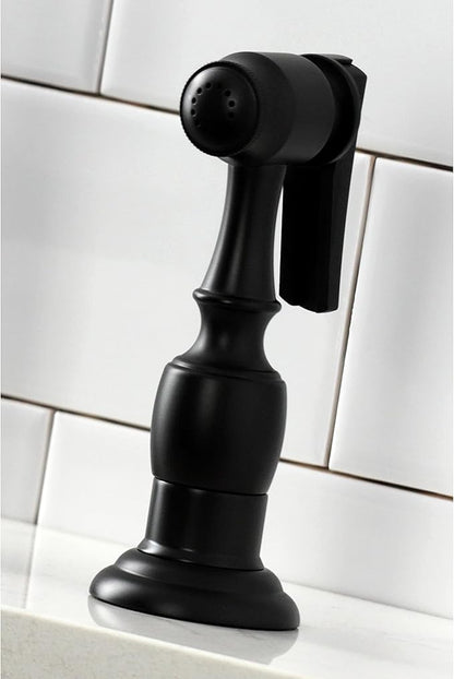 Kingston Brass KS1270TALBS Two-Handle 4-Hole Deck Mount Bridge Kitchen Faucet with Brass Sprayer in Matte Black