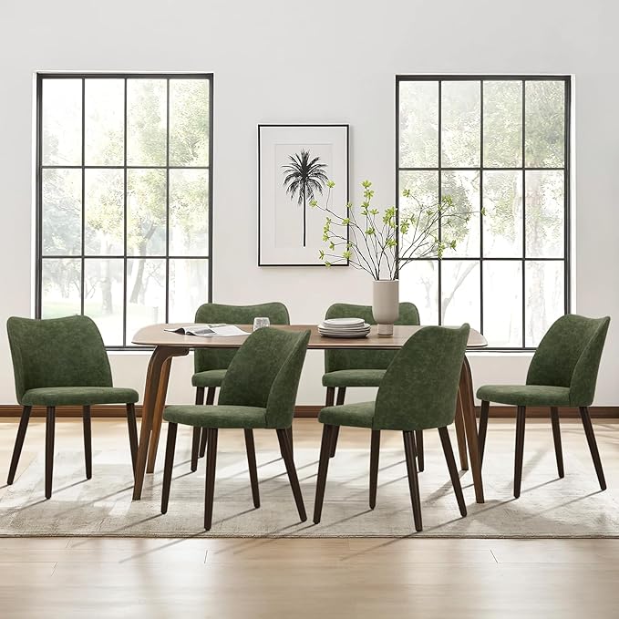 COLAMY Upholstered Dining Chairs Set of 6, Modern PU Leather Dining Room Kitchen Side Chair with Padded Seat and Wood Legs Restaurant/Cafe, Green
