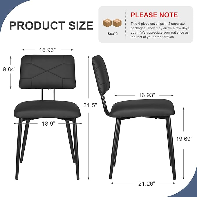 VECELO Dining Chairs Set of 4, Modern Upholstered Kitchen Chairs with Faux Leather Cushion Seat & Metal Legs for Kitchen, Living Room, Tufted Backrest Design, Black