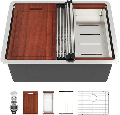 Sarlai 25 Inch Kitchen Sink Undermount - 25"x19" Undermount Sink Ledge Workstation Stainless Steel 16 Gauge Deep Single Bowl Under Counter Kitchen Sinks with Accessories