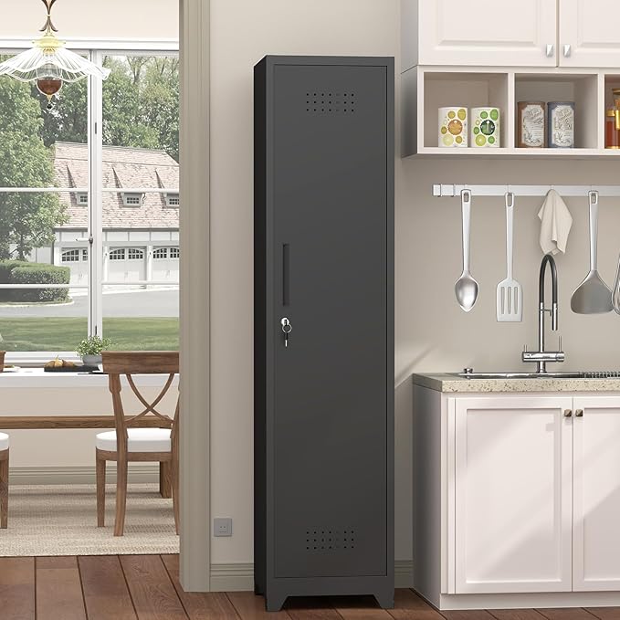 Slim Cabinet for Small Spaces, Metal Bathroom Storage Cabinet with Shelves, Hooks, Narrow Locking Cabinets with 2 Keys, 65” H Tall Storage for Home Office, Living Room, Dining Room, Black