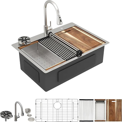 28"x22" Drop In Kitchen Sink Ledge Workstation – 16 Gauge 304 Stainless Steel Top Mount Overmount Single Bowl Sink Basin with Faucet Combo & Glass Rinser