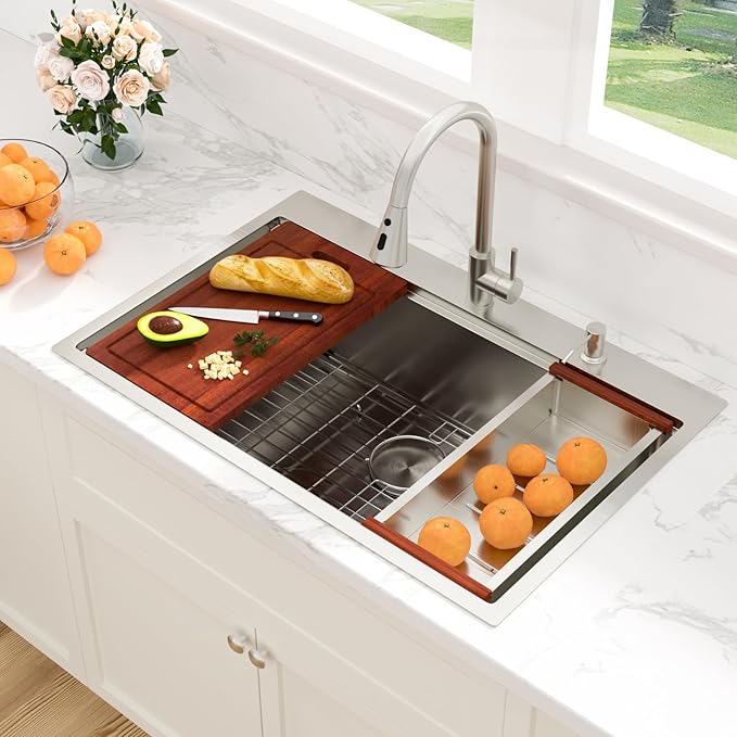 Sarlai 33 Drop In Kitchen Sink with Faucet- 33x22 Inch Drop Kitchen Sink Ledge Workstation Sinks 16 Gauge Stainless Steel Single Bowl Topmount Sinks Basin with Pull-out Faucet