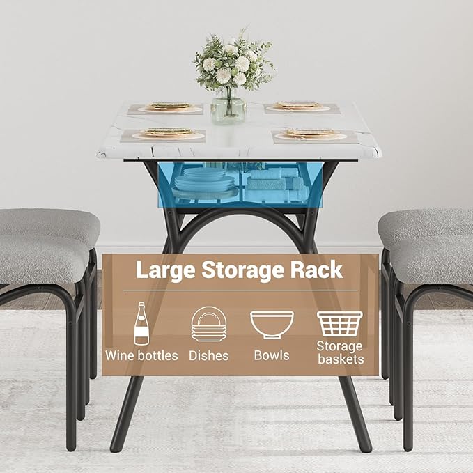 GarveeHome 5-Piece Dining Table Set for 4, Modern Kitchen Table with 4 Boucle Chairs, Rectangular Dining Table with Storage Shelf & Marble Tabletop, Beige Home Dining Furniture for Small Space