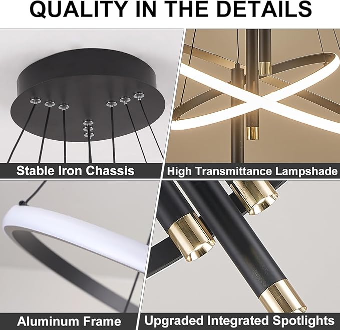 ORANOOR LED Black Modern Chandeliers for Dining Room Bedrooms Living Room, Dimmable 24in 5250lm Kitchen Pendant Lamp Dining Room Light Fixtures Ceiling Hanging Over Table, 2 Ring Round Chandeliers