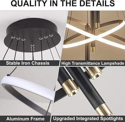 ORANOOR LED Black Modern Chandeliers for Dining Room Bedrooms Living Room, Dimmable 24in 5250lm Kitchen Pendant Lamp Dining Room Light Fixtures Ceiling Hanging Over Table, 2 Ring Round Chandeliers