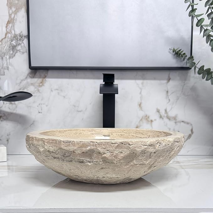 Shades of Nature Round Bowl Travertine Vessel Sink, Natural Stone Wash Basin, Hand-Carved Bathroom Sink, Chiseled Exterior, Polished Interior, Above Counter Vanity (Soap Tray Included)
