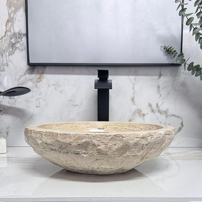 Shades of Nature Round Bowl Travertine Vessel Sink, Natural Stone Wash Basin, Hand-Carved Bathroom Sink, Chiseled Exterior, Polished Interior, Above Counter Vanity (Soap Tray Included)