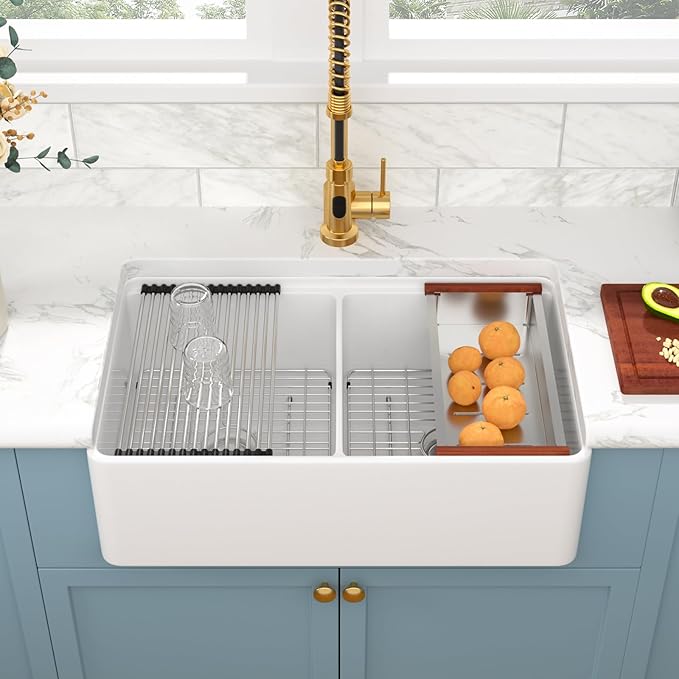 Sarlai 33 White Farmhouse Sink Double Bowl - 33 Inch White Kitchen Sink Ledge Workstation Ceramic Porcelain Fireclay Double Bowl 50/50 Apron Front Reversible Deep Rectangular Farm Sinks