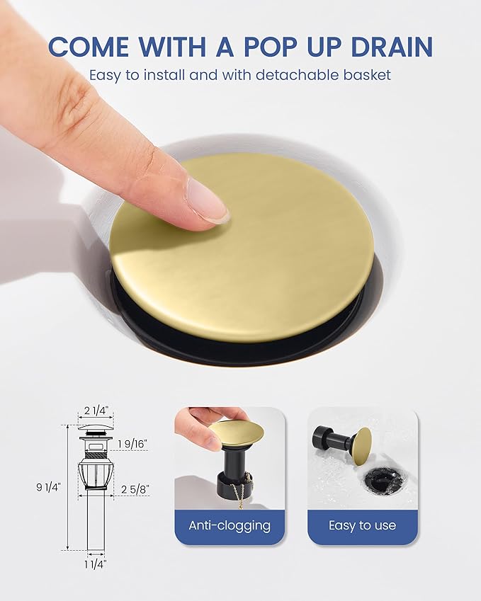 Bathroom Faucet with Pull Out Sprayer, Brushed Gold Bathroom Faucet 3 Holes, 2 Handle Bathroom Sink Faucet with 360 Degree Swivel Spout, Pop Up Drain Assembly Included