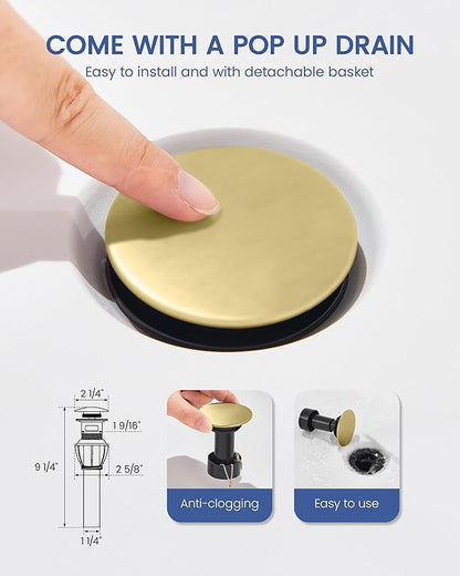 Bathroom Faucet with Pull Out Sprayer, Brushed Gold Bathroom Faucet 3 Holes, 2 Handle Bathroom Sink Faucet with 360 Degree Swivel Spout, Pop Up Drain Assembly Included