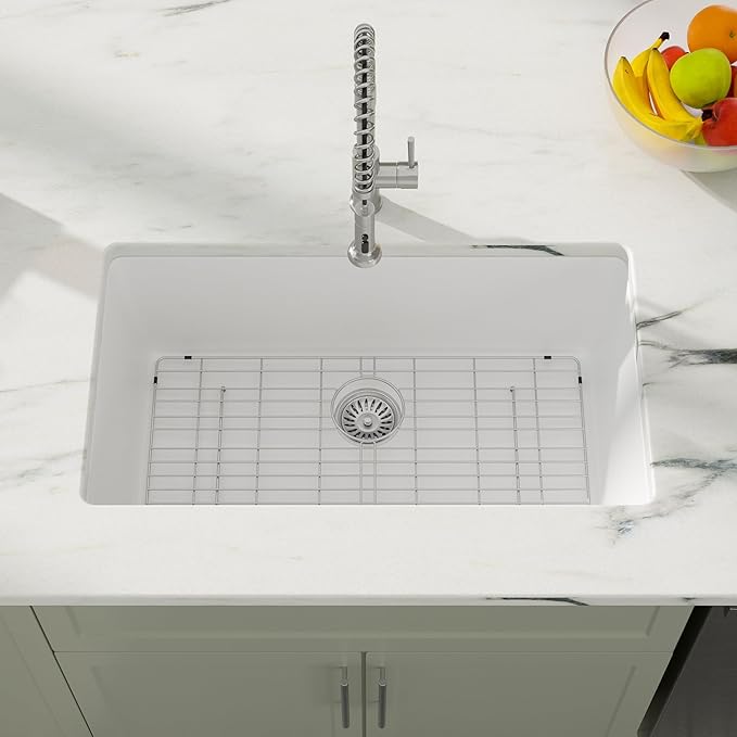 Dcolora 33 In. White Undermount Granite Composite Kitchen Sink, Single Bowl Quartz Sink, Deep Modern Kitchen Sink, 33" X 19" X 9.65"#DC-GU7750