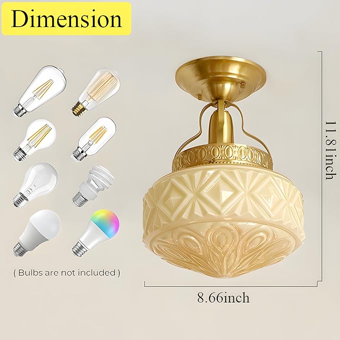 Bofea-Gold Semi Flush Mount Ceiling Light,Brass Light Fixture,Vintage Milk Yellow Glass Flush Mount Ceiling Lights,Hallway Light Fixtures,Mid Century Chandelier for Foyer Bedroom Bathroom