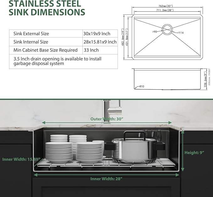 30 Inch Black Undermount Kitchen Sink Workstation- Couoko Matte Black 16 Gauge T304 Stainless Steel Single Bowl Undermount Sinks NANO PVD Large Deep Handmade Round Corner Sinks Basin 30"x19"x9"