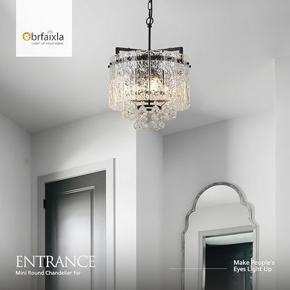 13.4" Small 4-Light Modern Glass Chandelier Light Fixtures Mini Black 2-Tier Crystal Chandeliers for Dining Room Round Hanging Ceiling Pendant Lighting for Kitchen Island Entryway Hallway
